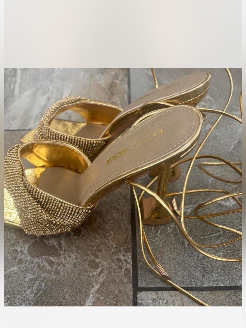 Fashion Nova Gold Metallic Beaded Lace-Up Heels - Picture 2 of 2